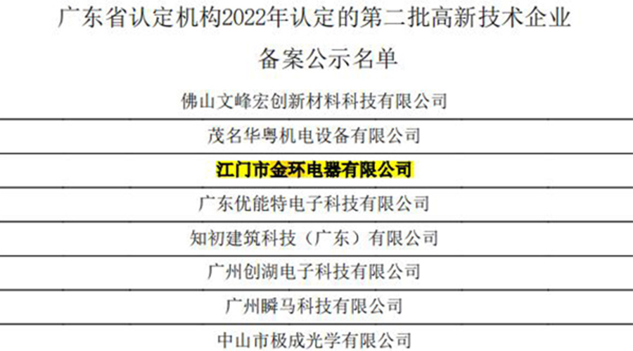 好消息！金環(huán)電器再次通過國(guó)家級(jí)“高新技術(shù)企業(yè)”認(rèn)定
